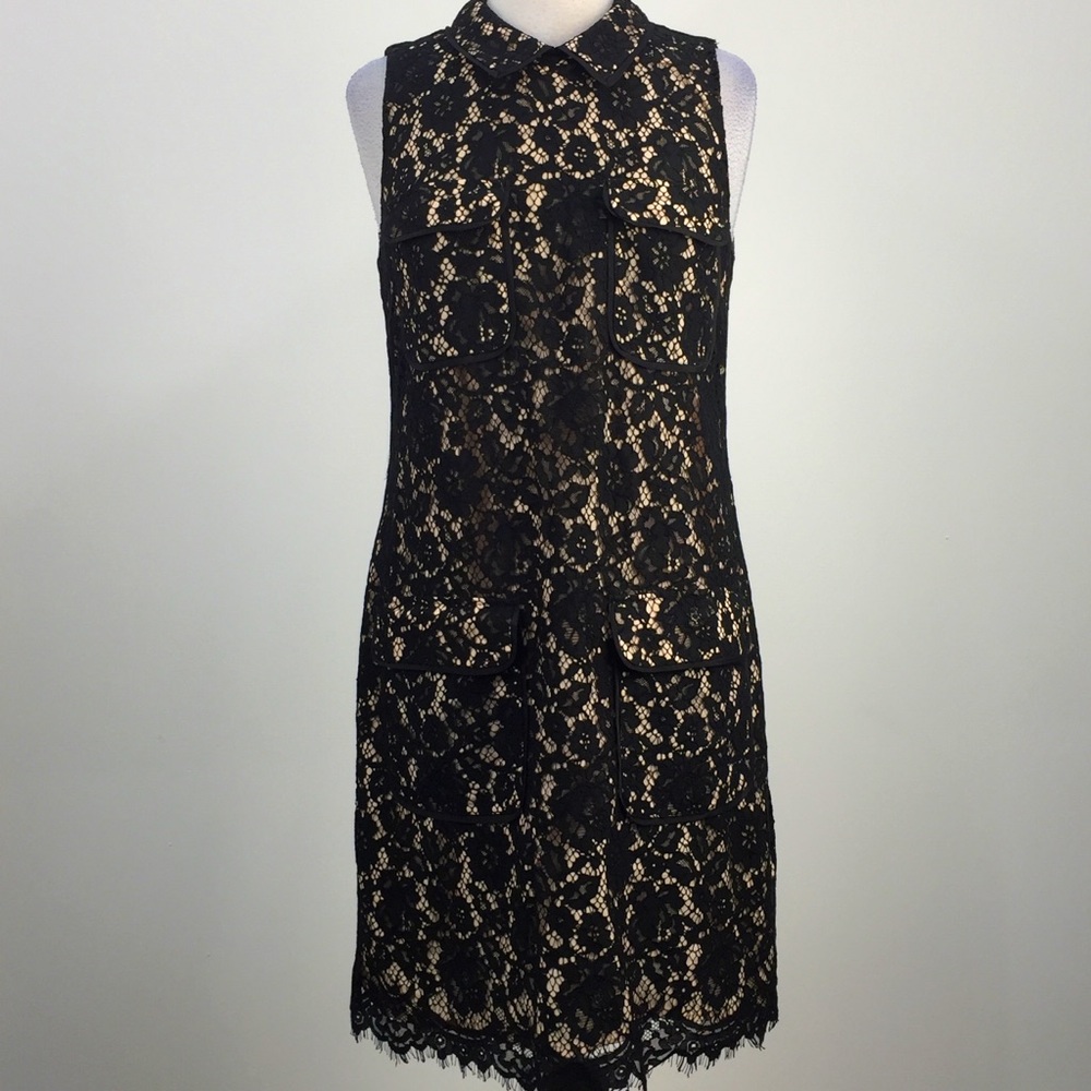 J. Crew Black Lace Overlay Midi Dress with Nude Lining